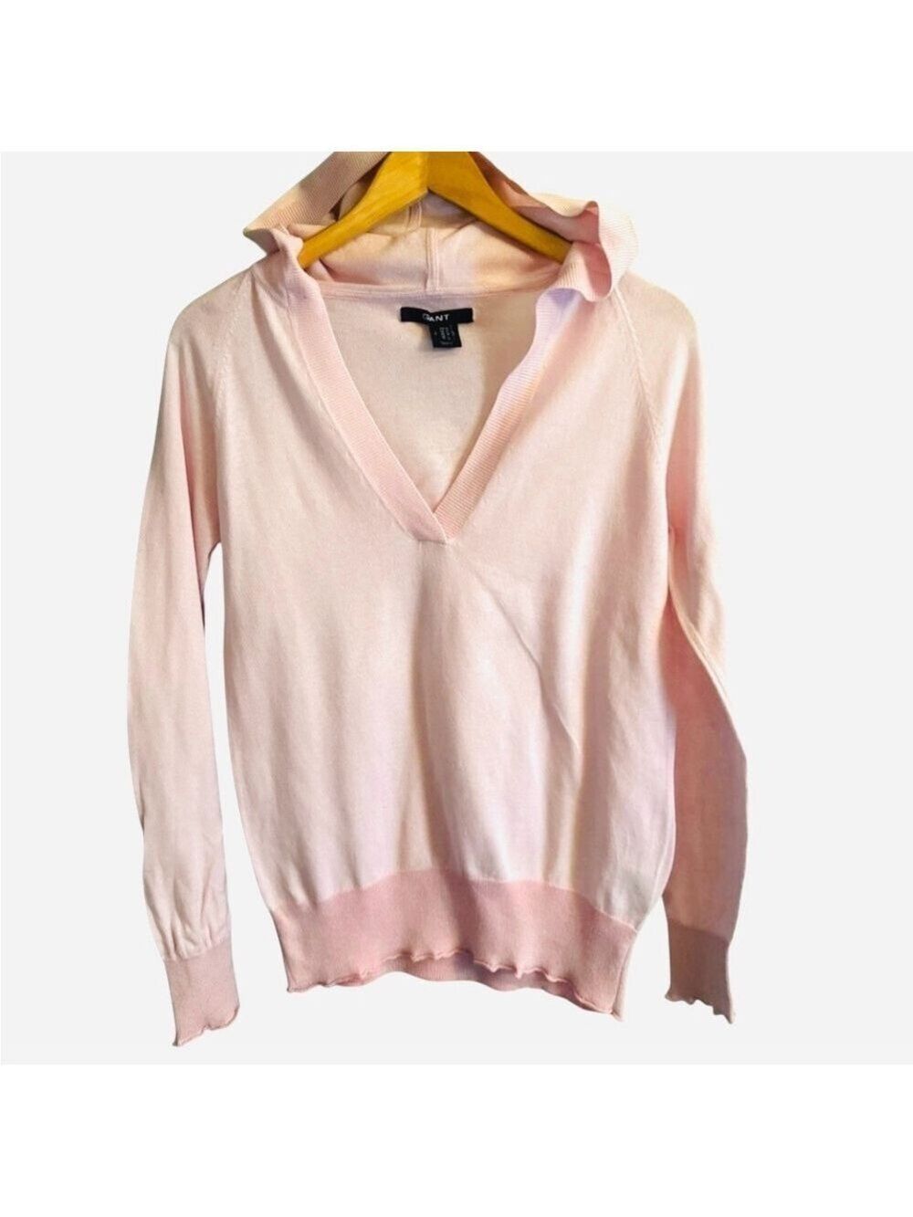 GANT Cashmere Blend Sweater Hoodie Baby Pink V-Neck Lightweight Knit Preppy